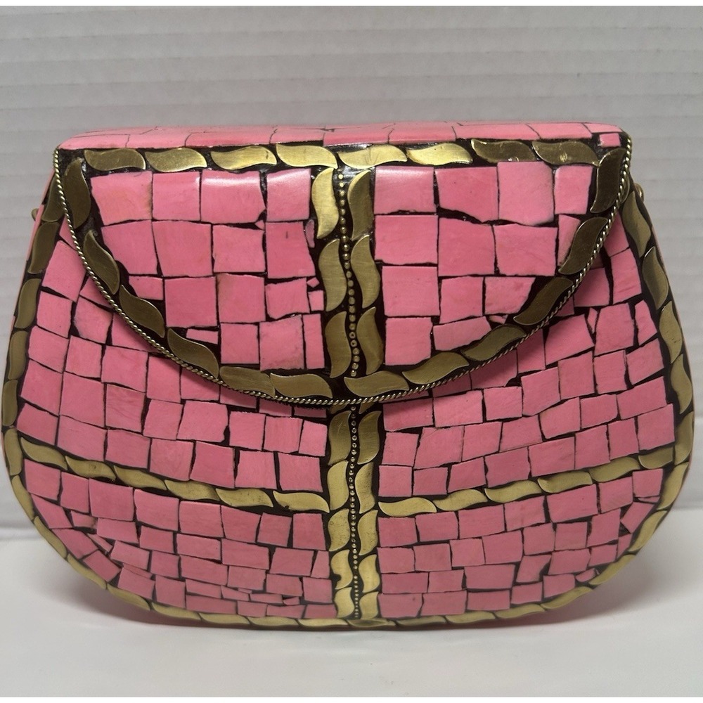 Ramla Beverly Hills Pink/Gold Mosaic Handcrafted Handbag/Shoulder bag In Morocco